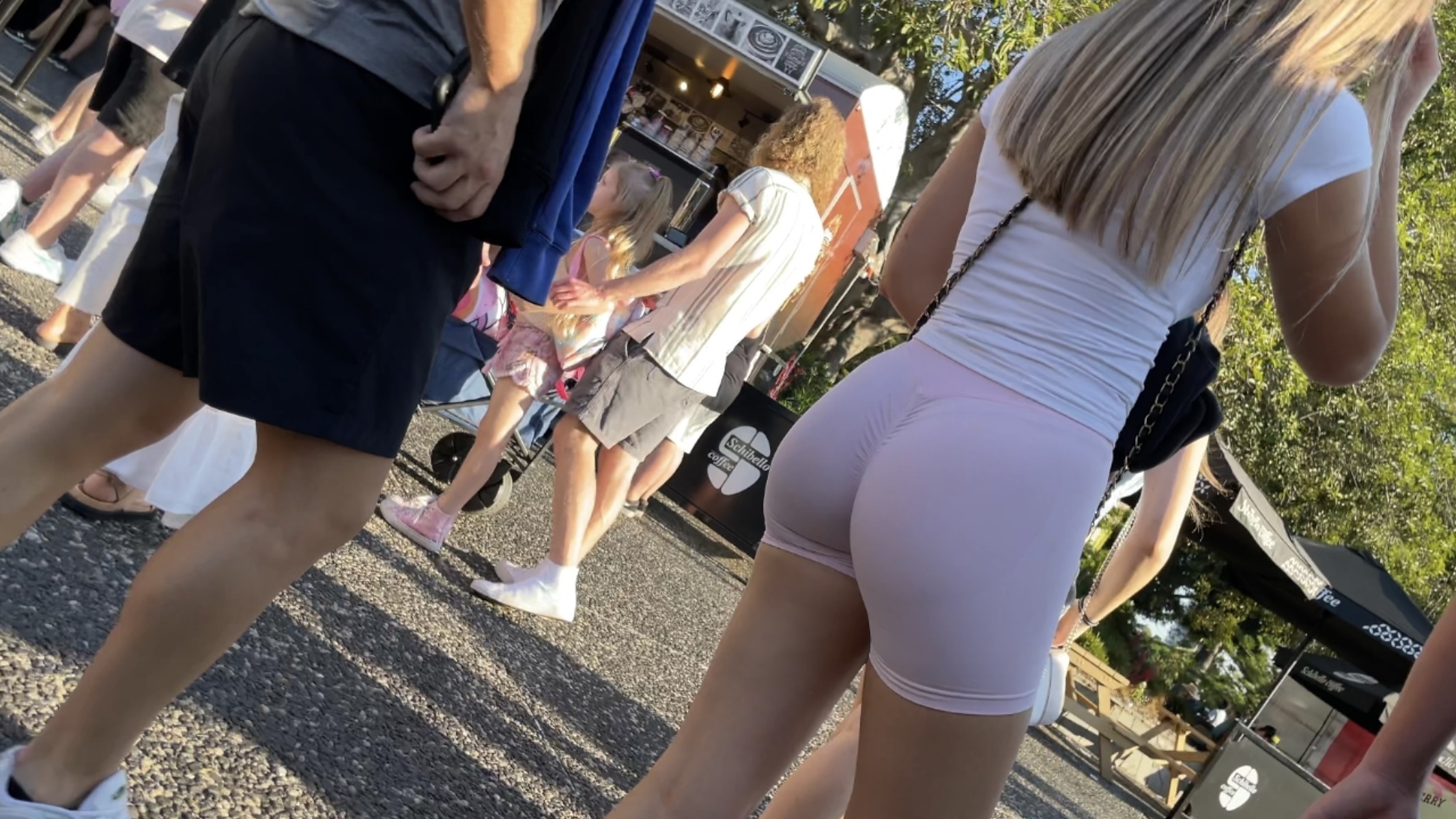 Photos - Hot Blonde In Pink Scrunch Booty Shorts Oc Spandex, Leggings &