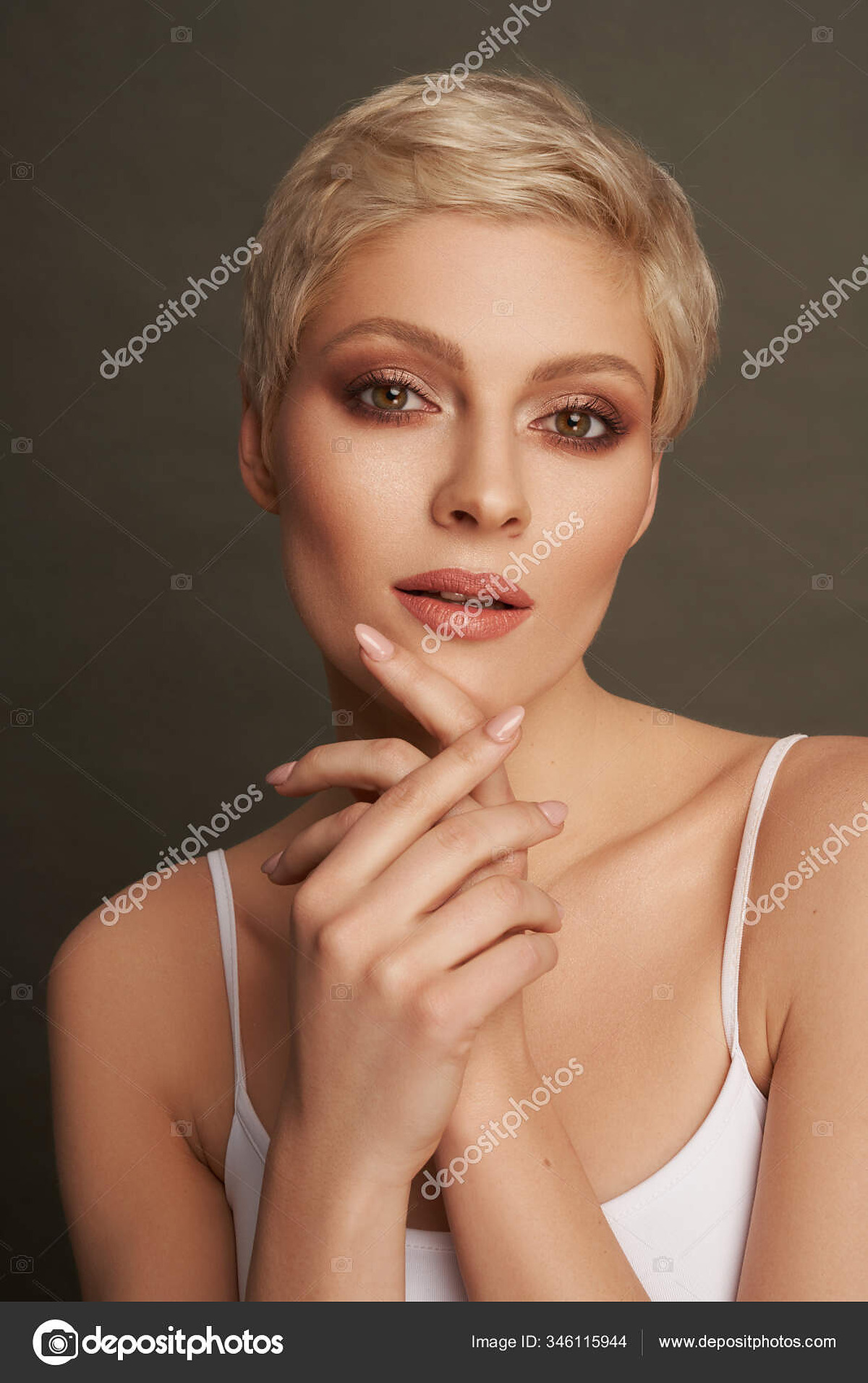 Photos - Portrait Sexy Blonde Short Hair Applying Cream Hads Isolated Gra