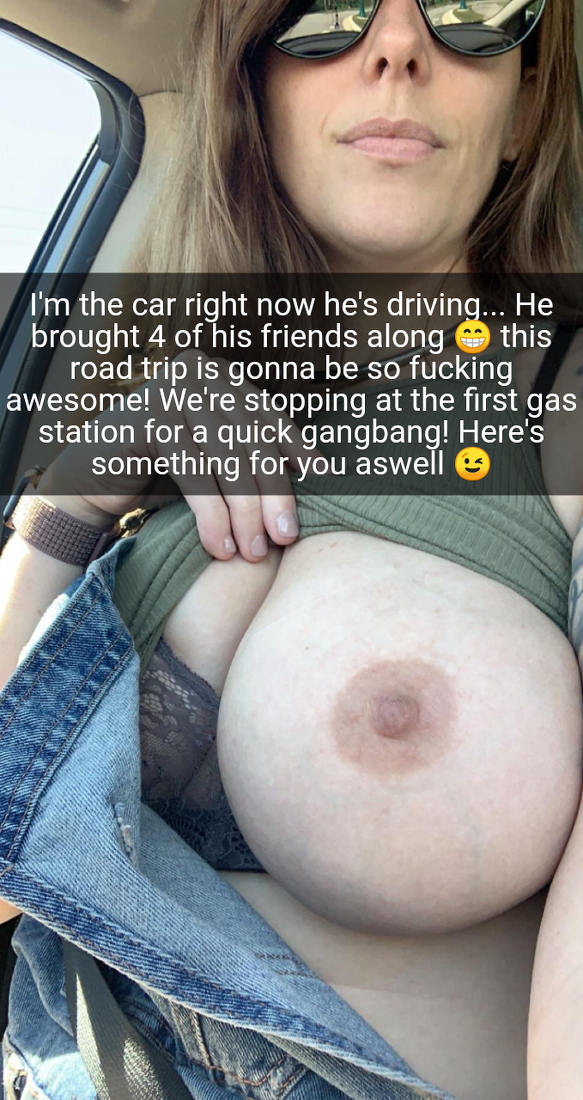 Slender Wearing Glasses Flashing Tits In Car - The Wife Goes On A Trip With Her Bull And His Friends