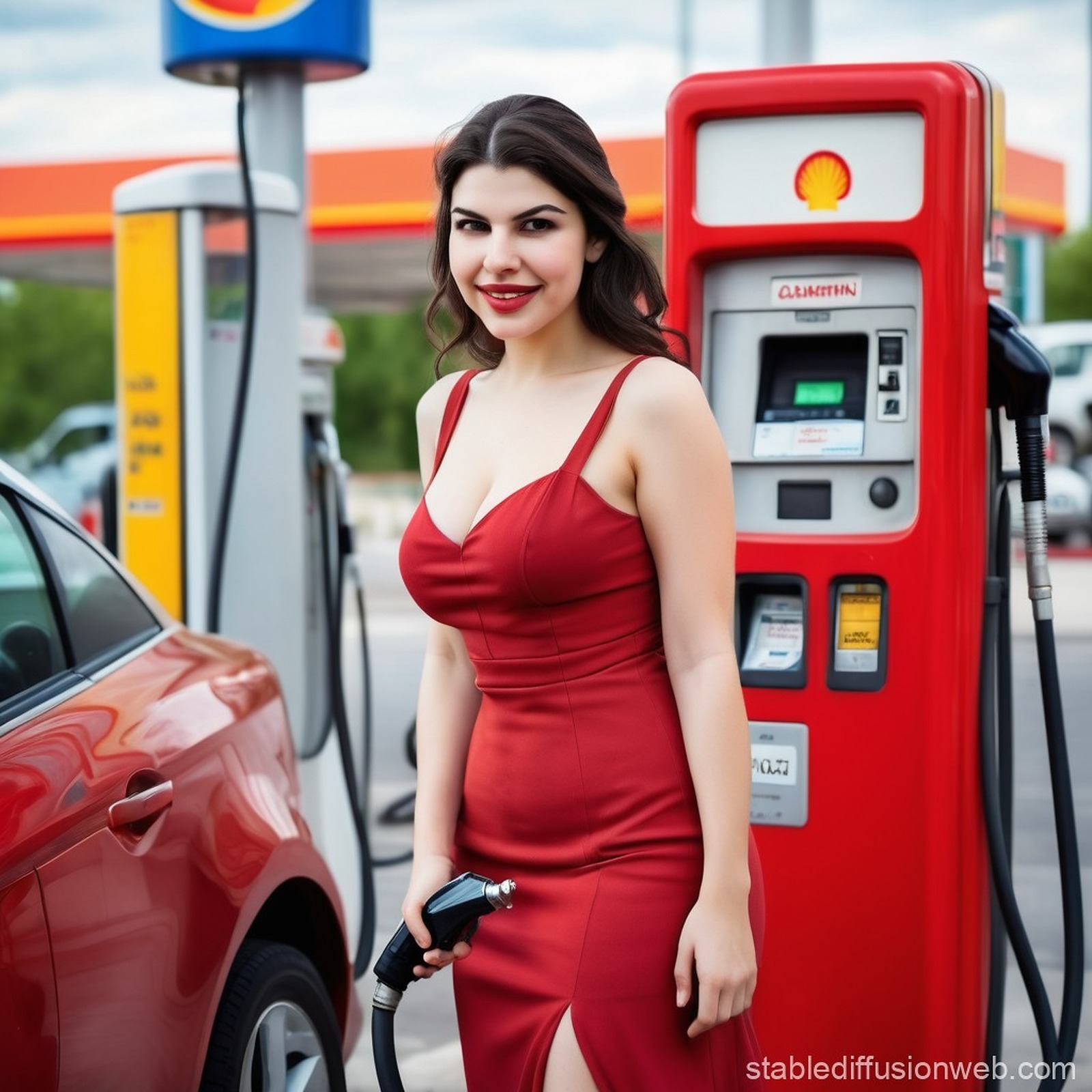 Valentina Nappi - Valentina Nappi Refuels Car In Red Dress Stable Diffusion Onlin