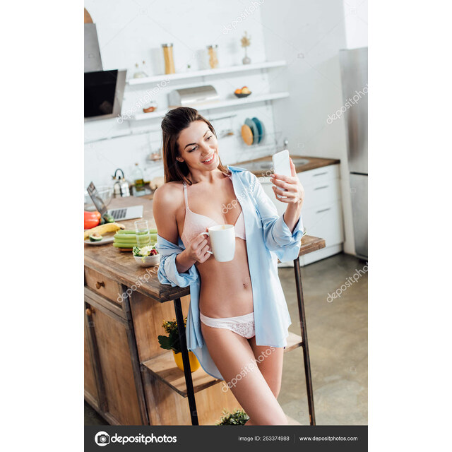 Selfies Lingerie - Sexy Girl White Lingerie Holding A Cup Of Coffee Taking Pictures