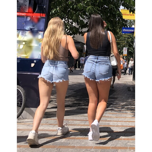 Photos - Denim Short Shorts Duo Out Shopping. 2021 Oc Candids Short Sho