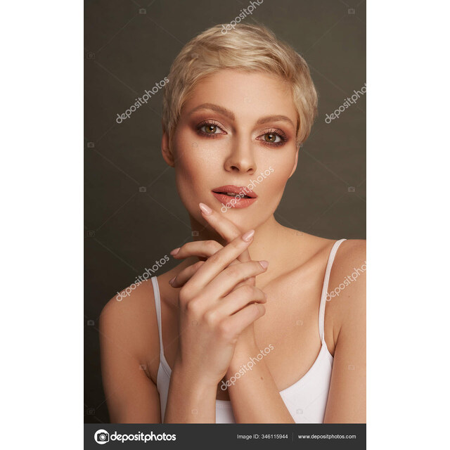 Photos - Portrait Sexy Blonde Short Hair Applying Cream Hads Isolated Gra